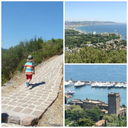 My son (2 years old in this photo) walking to the summit of San Peyre / view to Cannes / Château de la Napoule